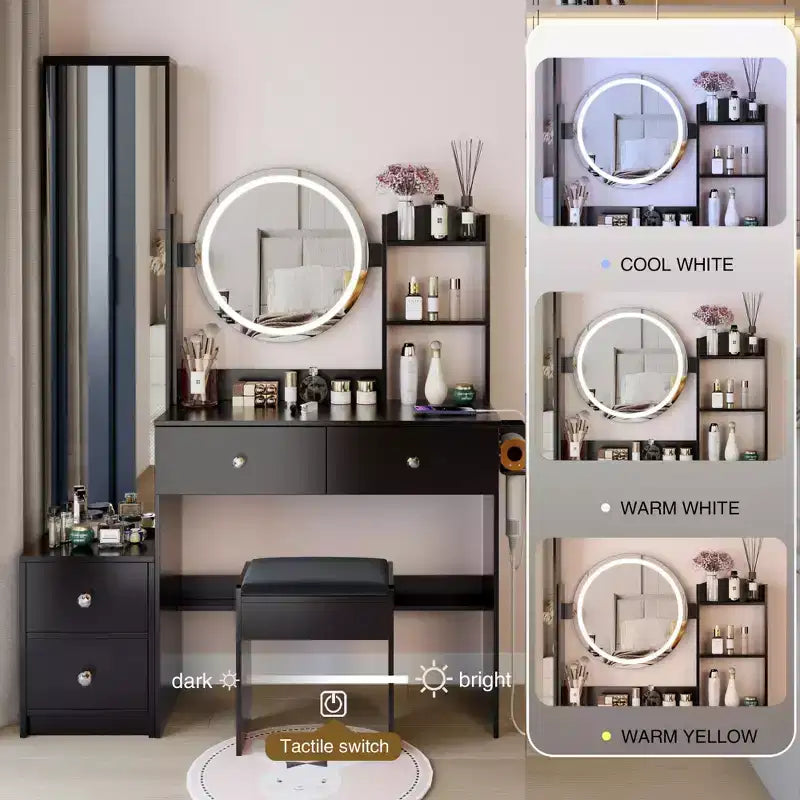 Coiffeuse de luxe de 17 pouces avec armoire-miroir pleine longueur et lumières, rangement, prise électrique intégrée, support pour sèche-cheveux et tabouret