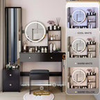 Coiffeuse de luxe de 17 pouces avec armoire-miroir pleine longueur et lumières, rangement, prise électrique intégrée, support pour sèche-cheveux et tabouret