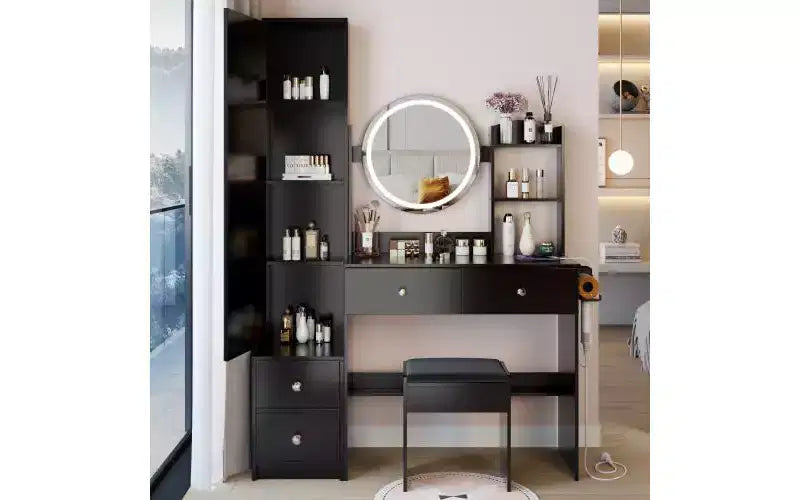 Coiffeuse de luxe de 17 pouces avec armoire-miroir pleine longueur et lumières, rangement, prise électrique intégrée, support pour sèche-cheveux et tabouret