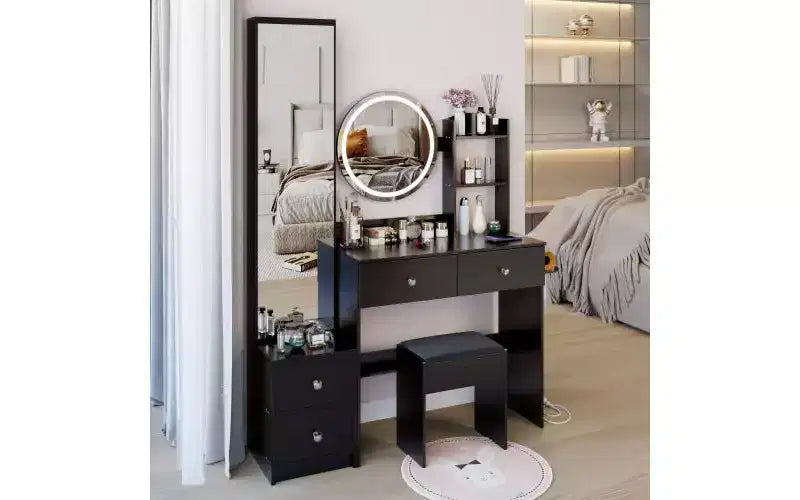 Coiffeuse de luxe de 17 pouces avec armoire-miroir pleine longueur et lumières, rangement, prise électrique intégrée, support pour sèche-cheveux et tabouret