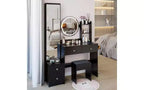 Coiffeuse de luxe de 17 pouces avec armoire-miroir pleine longueur et lumières, rangement, prise électrique intégrée, support pour sèche-cheveux et tabouret