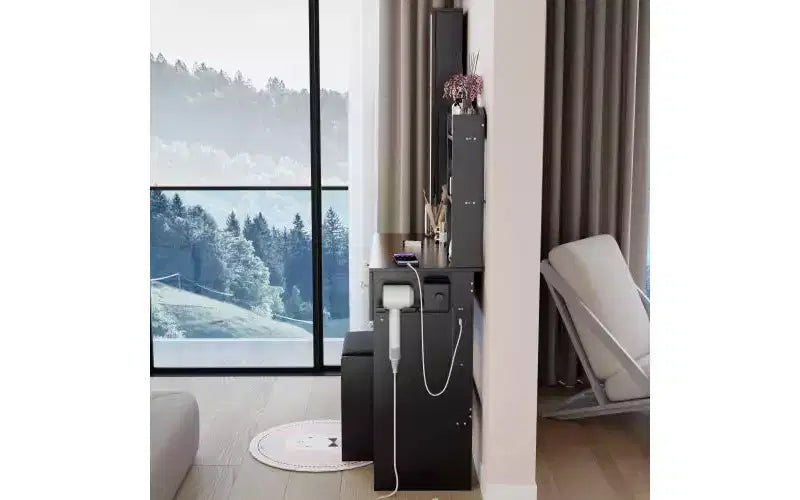 Coiffeuse de luxe de 17 pouces avec armoire-miroir pleine longueur et lumières, rangement, prise électrique intégrée, support pour sèche-cheveux et tabouret