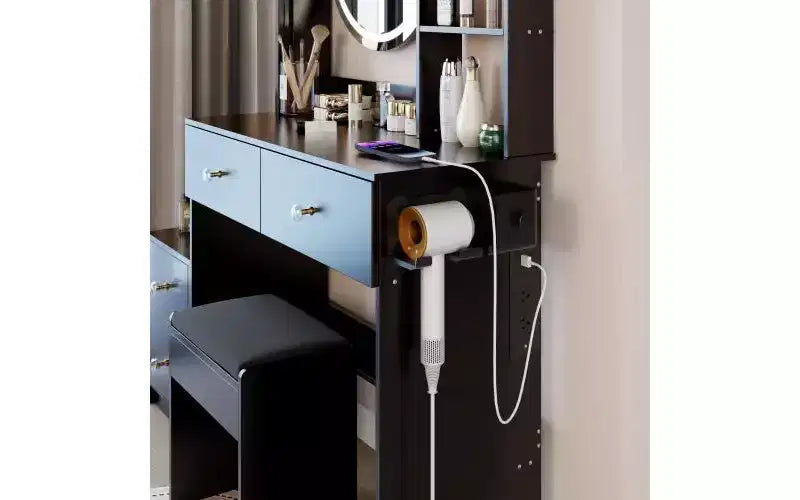 Coiffeuse de luxe de 17 pouces avec armoire-miroir pleine longueur et lumières, rangement, prise électrique intégrée, support pour sèche-cheveux et tabouret