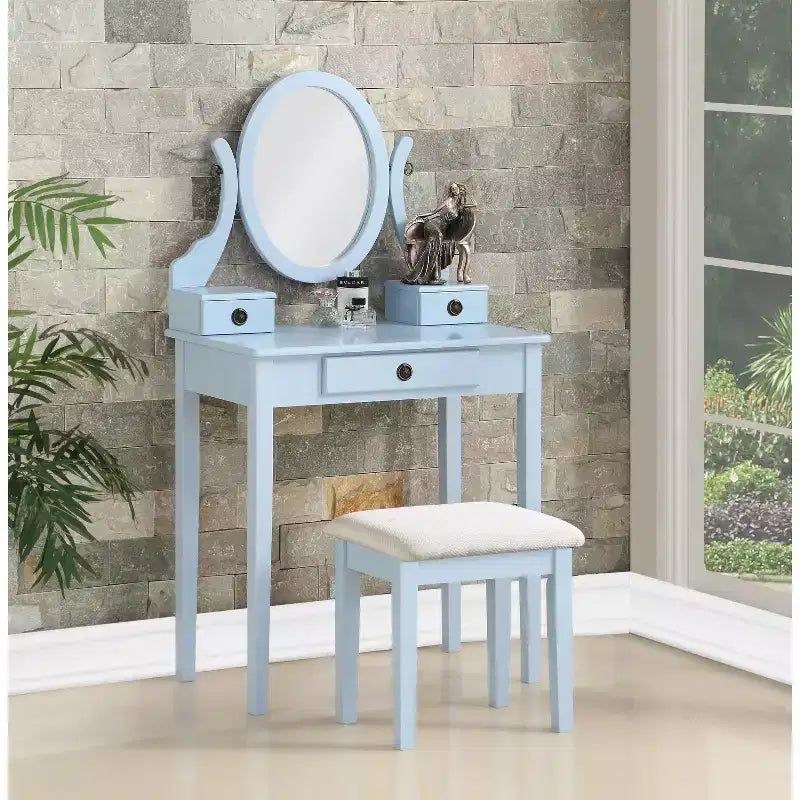 Contemporary Makeup Vanity Desk with Mirror, 3 Drawers, Matching Stool for Bedroom, Blue Finish, Space-Saving Design