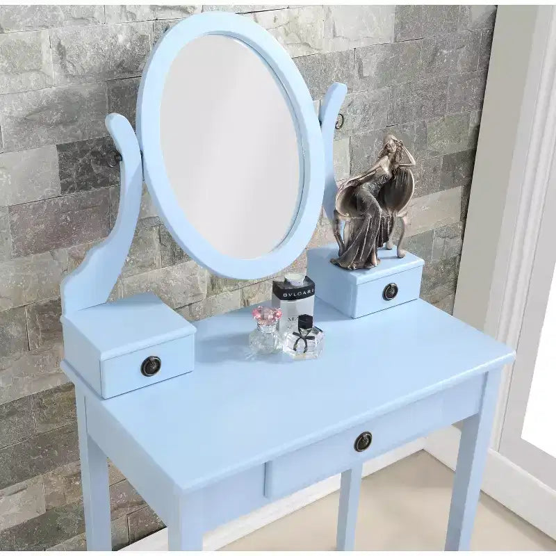Coiffeuse contemporaine avec miroir, 3 tiroirs, tabouret assorti pour chambre à coucher, finition bleue, design peu encombrant