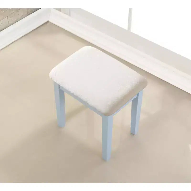 Coiffeuse contemporaine avec miroir, 3 tiroirs, tabouret assorti pour chambre à coucher, finition bleue, design peu encombrant