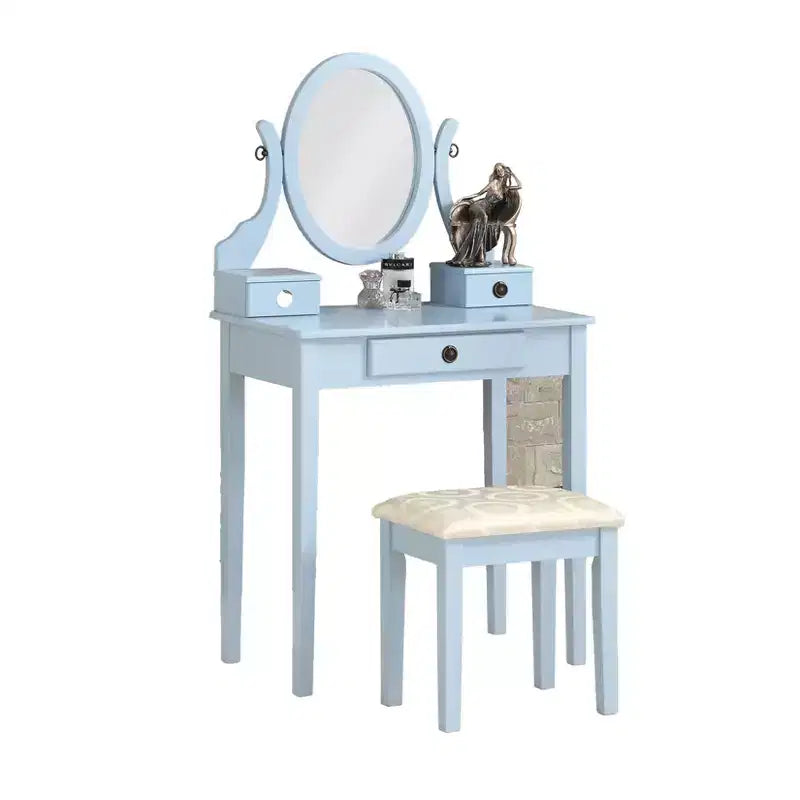 Coiffeuse contemporaine avec miroir, 3 tiroirs, tabouret assorti pour chambre à coucher, finition bleue, design peu encombrant