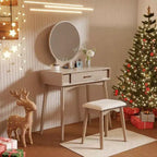 Modern Makeup Vanity Desk with Round Mirror, Organized Storage, Matching Stool for Bedroom, Gold Finish, Space-Saving Design