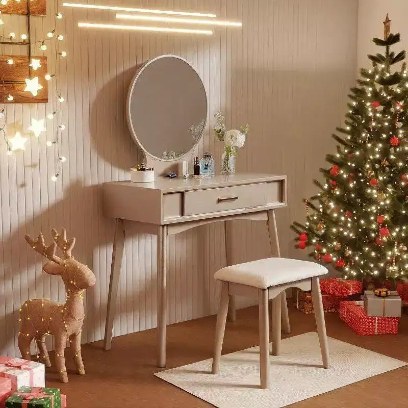 Modern Makeup Vanity Desk with Round Mirror, Organized Storage, Matching Stool for Bedroom, Gold Finish, Space-Saving Design
