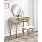 Coiffeuse moderne avec miroir rond, rangement organisé, tabouret assorti pour chambre à coucher, finition dorée, design peu encombrant