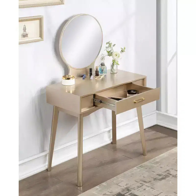 Coiffeuse moderne avec miroir rond, rangement organisé, tabouret assorti pour chambre à coucher, finition dorée, design peu encombrant