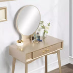 Coiffeuse moderne avec miroir rond, rangement organisé, tabouret assorti pour chambre à coucher, finition dorée, design peu encombrant