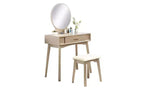Coiffeuse moderne avec miroir rond, rangement organisé, tabouret assorti pour chambre à coucher, finition dorée, design peu encombrant