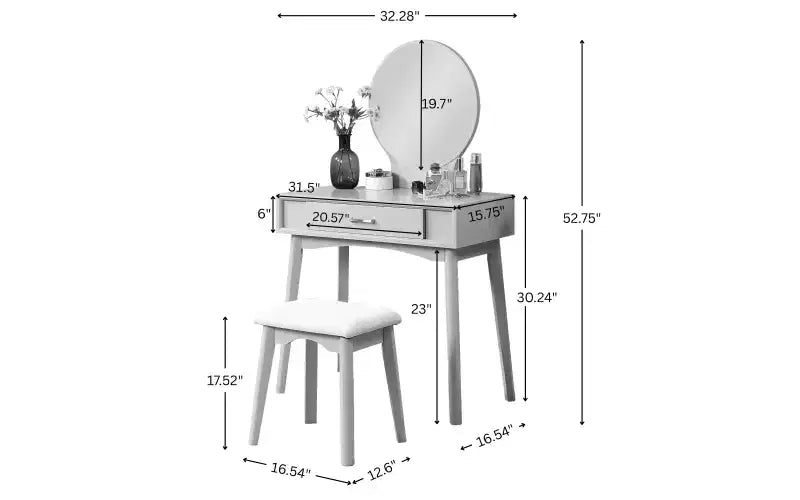 Coiffeuse moderne avec miroir rond, rangement organisé, tabouret assorti pour chambre à coucher, finition dorée, design peu encombrant