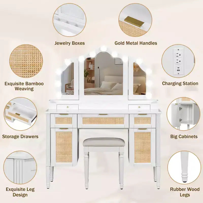 Coiffeuse moderne de 44,37 pouces avec miroir triptyque et lumières, 5 tiroirs et 2 placards, station de charge avec Type-C et étagères ouvertes pour chambre à coucher