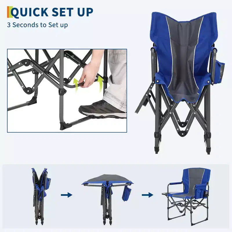 Chaise de camping pliable Acekool surdimensionnée avec table d'appoint et poches, siège extérieur portable pour la plage, la pêche, la pelouse