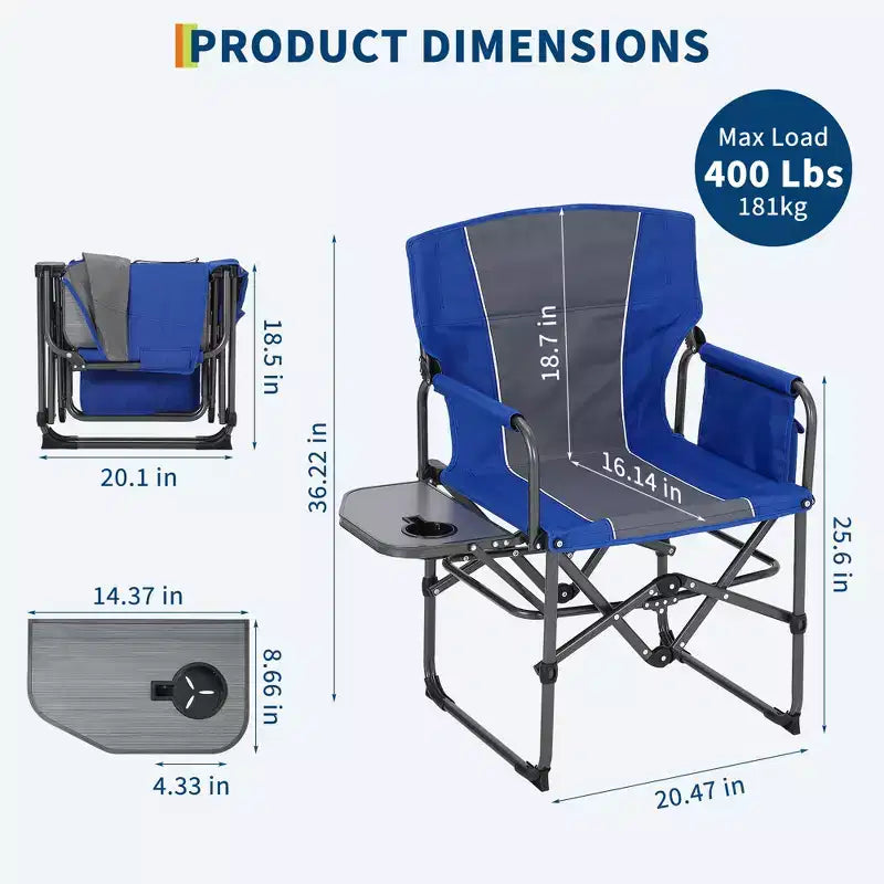 Chaise de camping pliable Acekool surdimensionnée avec table d'appoint et poches, siège extérieur portable pour la plage, la pêche, la pelouse