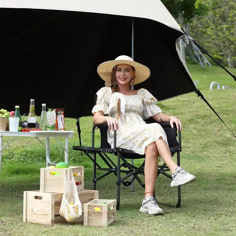 Chaise de camping pliable Acekool surdimensionnée avec table d'appoint et poches, siège extérieur portable pour la plage, la pêche, la pelouse