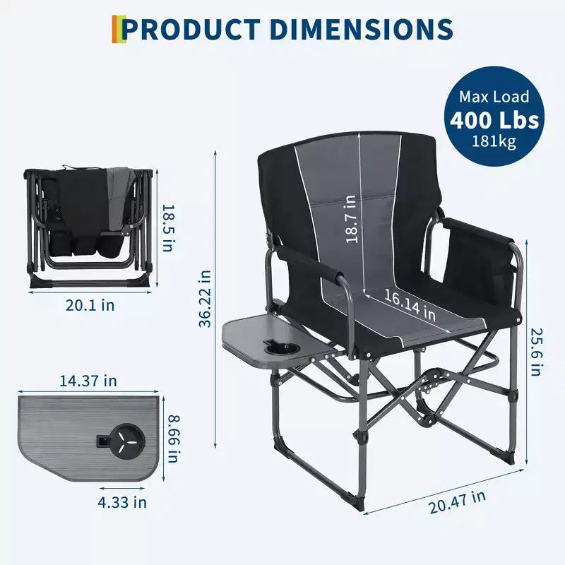 Chaise de camping pliable Acekool surdimensionnée avec table d'appoint et poches, siège extérieur portable pour la plage, la pêche, la pelouse