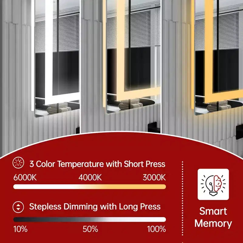 SUMERAIN Miroir de salle de bain mural incassable 40x24 anti-buée ETL 90CRI avec 3 couleurs LED