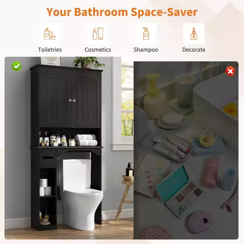 Meuble de rangement pour toilettes, Organiseur de salle de bain, Étagère de rangement au-dessus des toilettes avec étagère ouverte, Étagère autoportante pour toilettes, salle de bain, buanderie