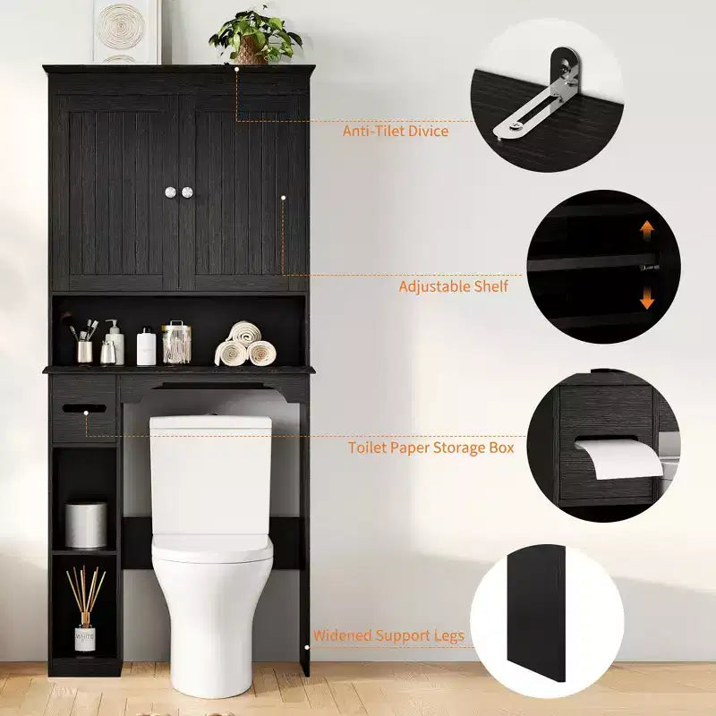 Meuble de rangement pour toilettes, Organiseur de salle de bain, Étagère de rangement au-dessus des toilettes avec étagère ouverte, Étagère autoportante pour toilettes, salle de bain, buanderie