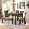 Zevemomo 6-Piece Solid Wood Dining Table Set for 6, Including 1 Dinner Table, 4 Upholstered Chairs and 1 Bench for Dining Room, Kitchen, Dark Walnut