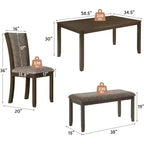 Ensemble de salle à manger 6 pièces en bois massif Zevemomo pour 6 personnes, comprenant 1 table à manger, 4 chaises rembourrées et 1 banc pour la salle à manger, la cuisine, Noyer foncé