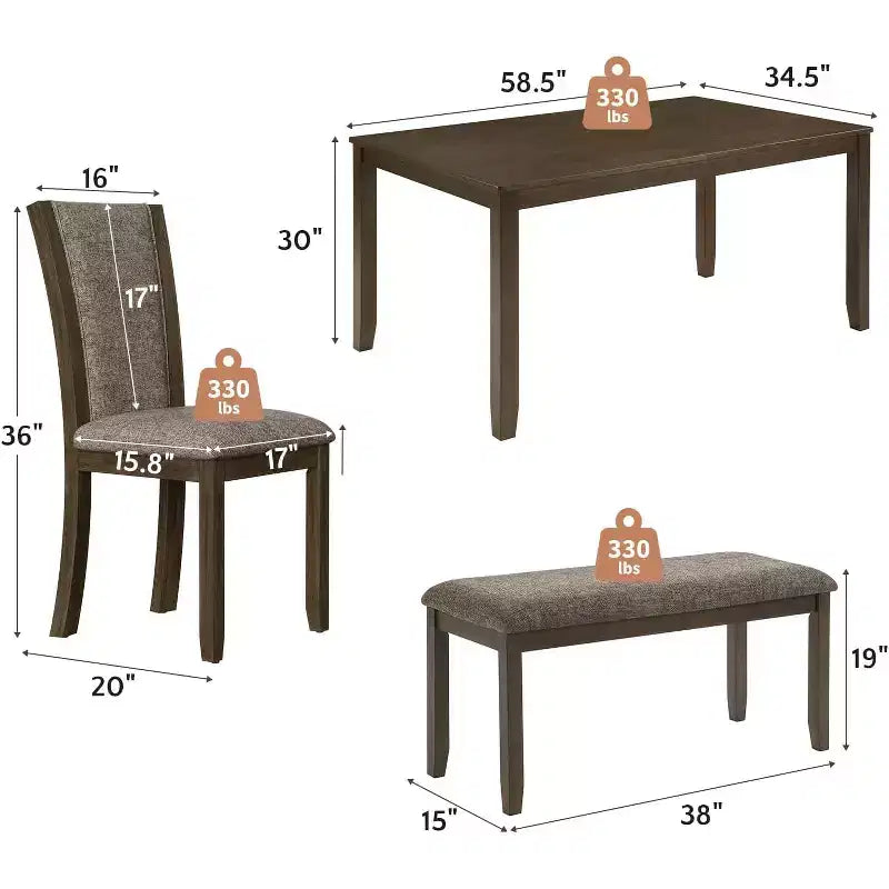 Ensemble de salle à manger 6 pièces en bois massif Zevemomo pour 6 personnes, comprenant 1 table à manger, 4 chaises rembourrées et 1 banc pour la salle à manger, la cuisine, Noyer foncé