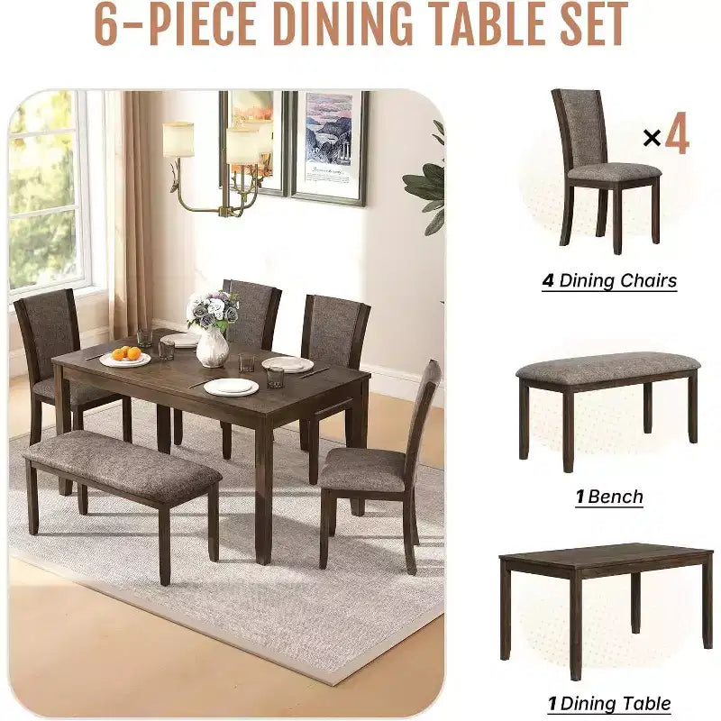Ensemble de salle à manger 6 pièces en bois massif Zevemomo pour 6 personnes, comprenant 1 table à manger, 4 chaises rembourrées et 1 banc pour la salle à manger, la cuisine, Noyer foncé