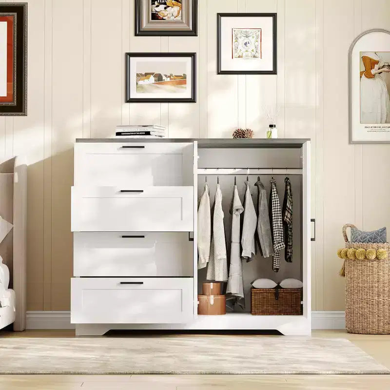 43.3 H Wooden Dresser, Multifunctional Low Wardrobe Armoire with 4 Drawers & Hanging Rod, Storage Cabinet for Bedroom Living Room
