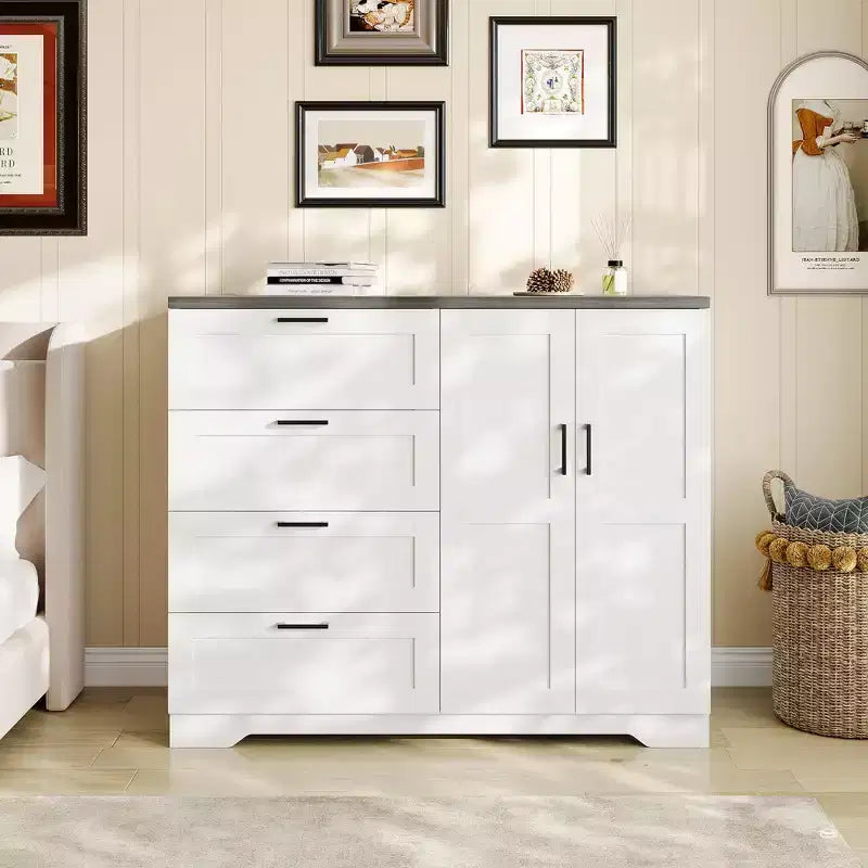 Commode en bois de 109,9 cm (43,3 po) de hauteur, armoire basse multifonctionnelle avec 4 tiroirs et une tringle de suspension, meuble de rangement pour chambre à coucher ou salon