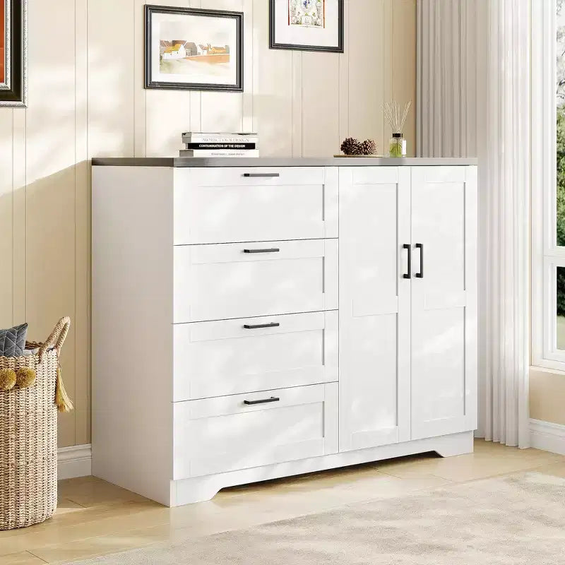 Commode en bois de 109,9 cm (43,3 po) de hauteur, armoire basse multifonctionnelle avec 4 tiroirs et une tringle de suspension, meuble de rangement pour chambre à coucher ou salon
