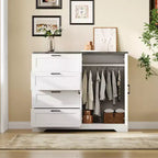 Commode en bois de 109,9 cm (43,3 po) de hauteur, armoire basse multifonctionnelle avec 4 tiroirs et une tringle de suspension, meuble de rangement pour chambre à coucher ou salon