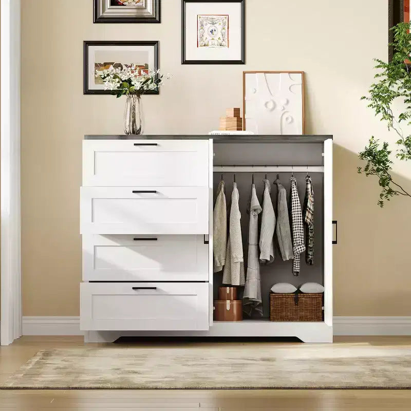 Commode en bois de 109,9 cm (43,3 po) de hauteur, armoire basse multifonctionnelle avec 4 tiroirs et une tringle de suspension, meuble de rangement pour chambre à coucher ou salon