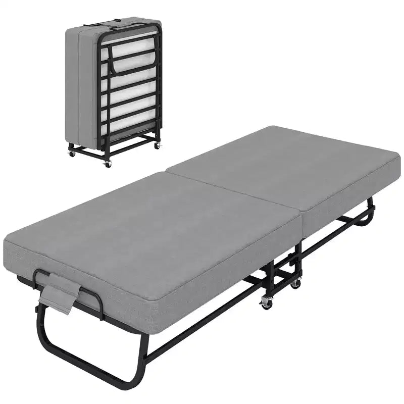 Zeus & Ruta Portable Foldable Bed with Memory Foam Mattress, Locking Wheels & Breathable Linen Cover for Adults