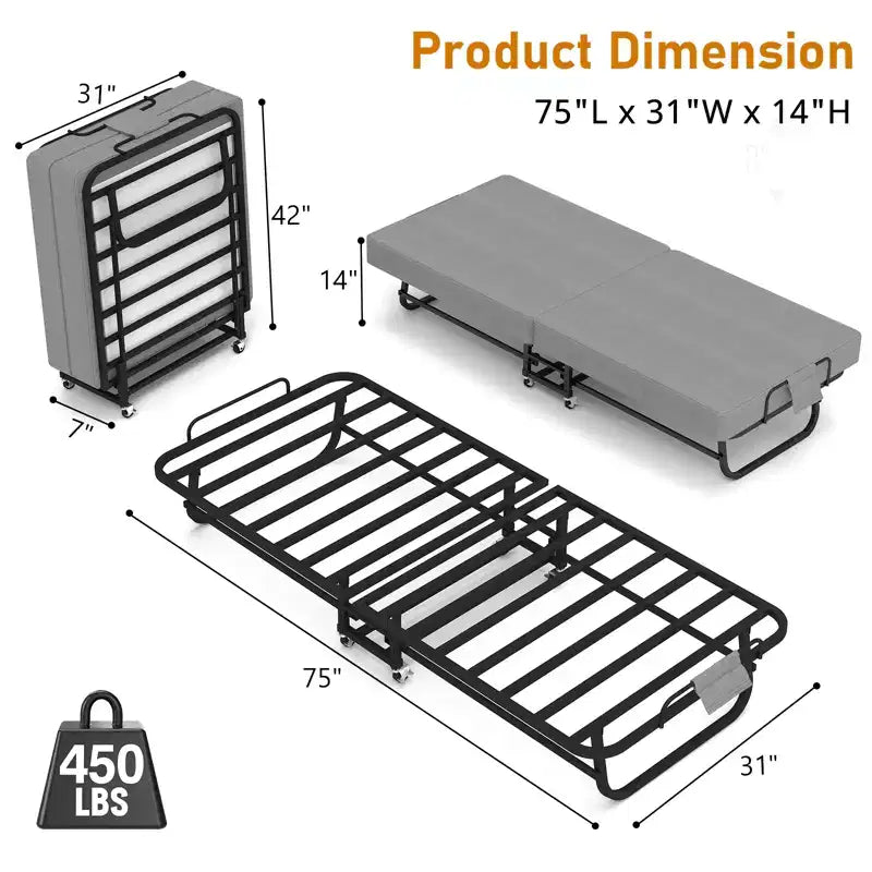 Lit pliant portable Zeus & Ruta avec matelas en mousse à mémoire de forme, roulettes verrouillables et housse en lin respirant pour adultes