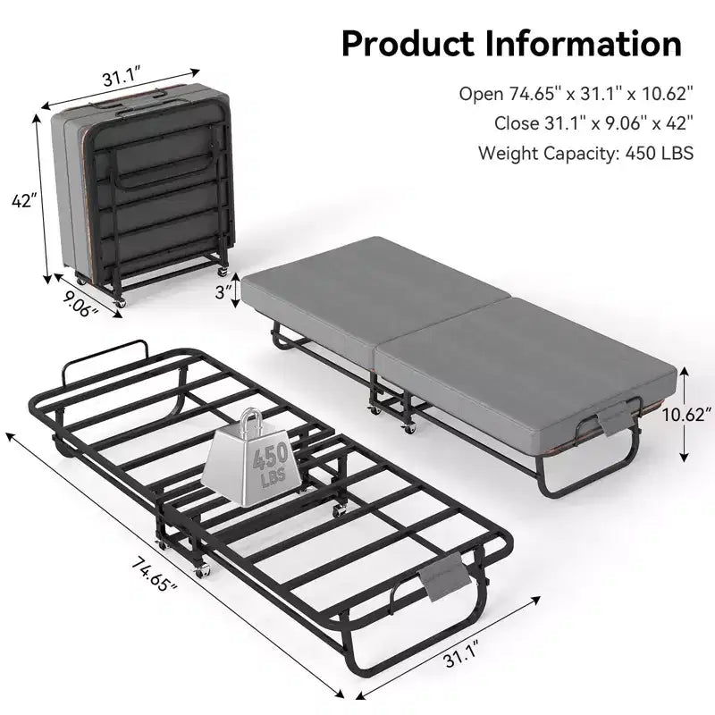 Lit pliable portable Zeus & Ruta avec matelas en mousse à mémoire de forme, cadre en métal et roues verrouillables