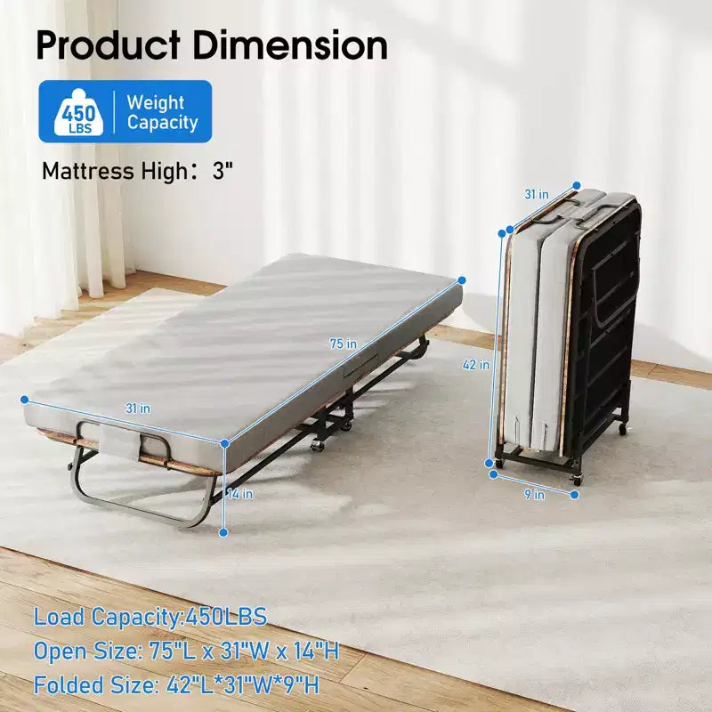 Lit pliable portable Zeus & Ruta avec matelas en mousse à mémoire de forme, cadre en métal et roues verrouillables