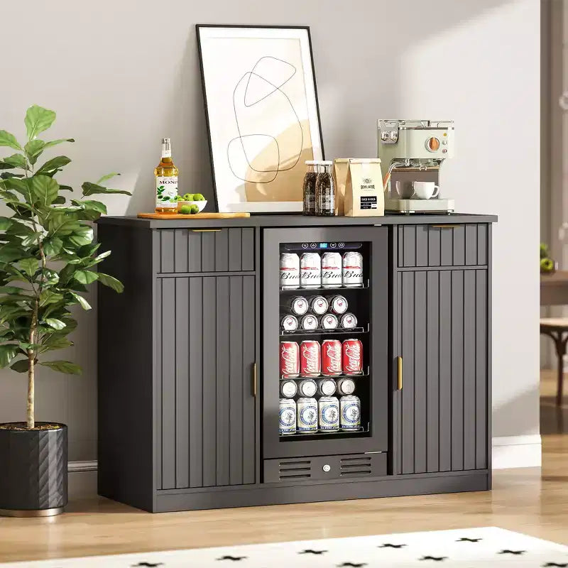 Skyzoo Coffee Bar Cabinet with Fridge Space, Wine & Mini Fridge Stand with Drawer & Door Storage, Elegant Fluted Design for Modern Home Bars