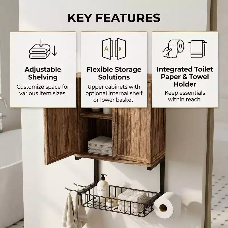 Armoire murale Dcolora de style campagnard avec 2 portes, étagères réglables et porte-papier toilette