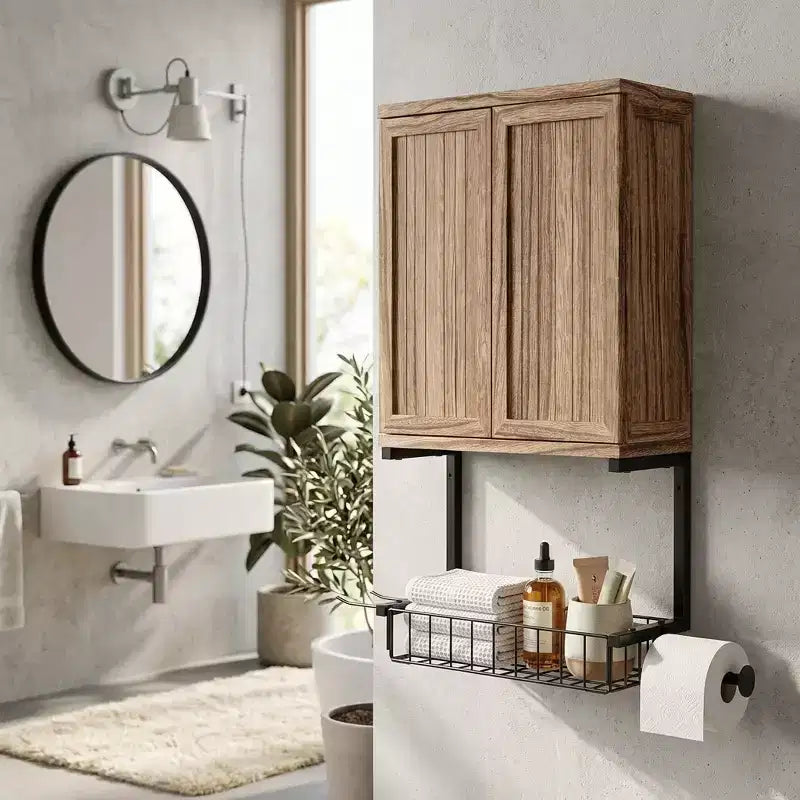 Armoire murale Dcolora de style campagnard avec 2 portes, étagères réglables et porte-papier toilette