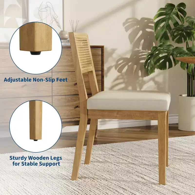 Chaises de salle à manger en rotin (lot de 2), chaises de cuisine de style campagne française avec pieds en bois, chaises d'appoint ergonomiques de style Mid-Century