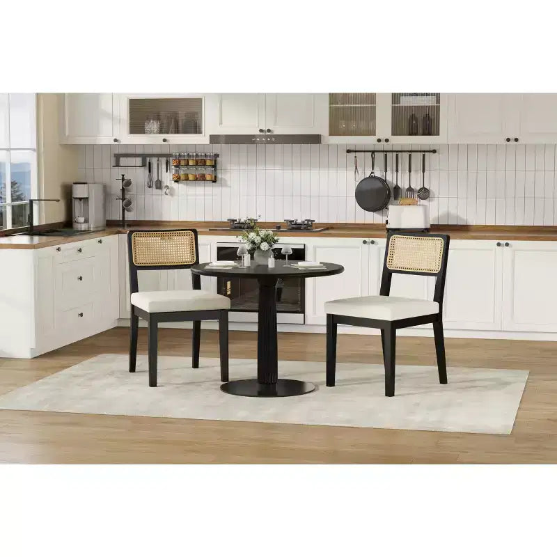 Chaises de salle à manger en rotin (lot de 2), chaises de cuisine de style campagne française avec pieds en bois, chaises d'appoint ergonomiques de style Mid-Century