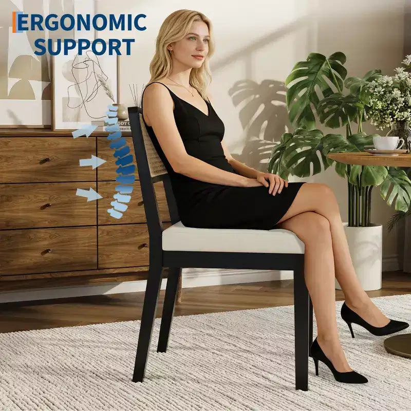 Chaises de salle à manger en rotin (lot de 2), chaises de cuisine de style campagne française avec pieds en bois, chaises d'appoint ergonomiques de style Mid-Century