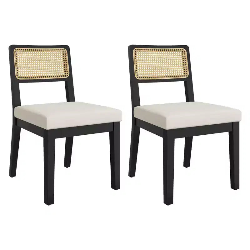 Rattan Dining Chairs Set of 2, French Country Kitchen Chairs w/ Wooden Legs, Ergonomic Mid Century Side Chairs