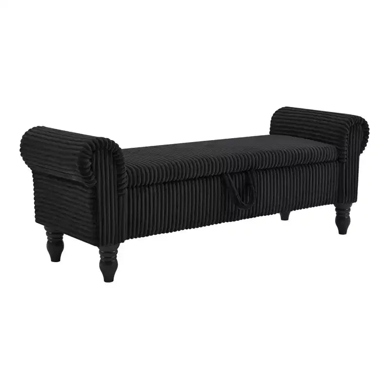 HomeRoots 55 Black Corduroy and Solid Wood Upholstered Storage Bench With Flip Top