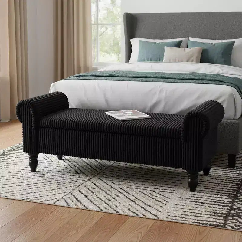 Banc de rangement HomeRoots 55, noir, en velours côtelé et bois massif, avec couvercle à charnière