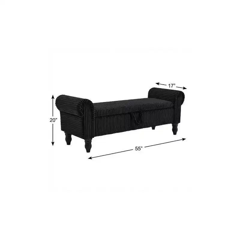 Banc de rangement HomeRoots 55, noir, en velours côtelé et bois massif, avec couvercle à charnière