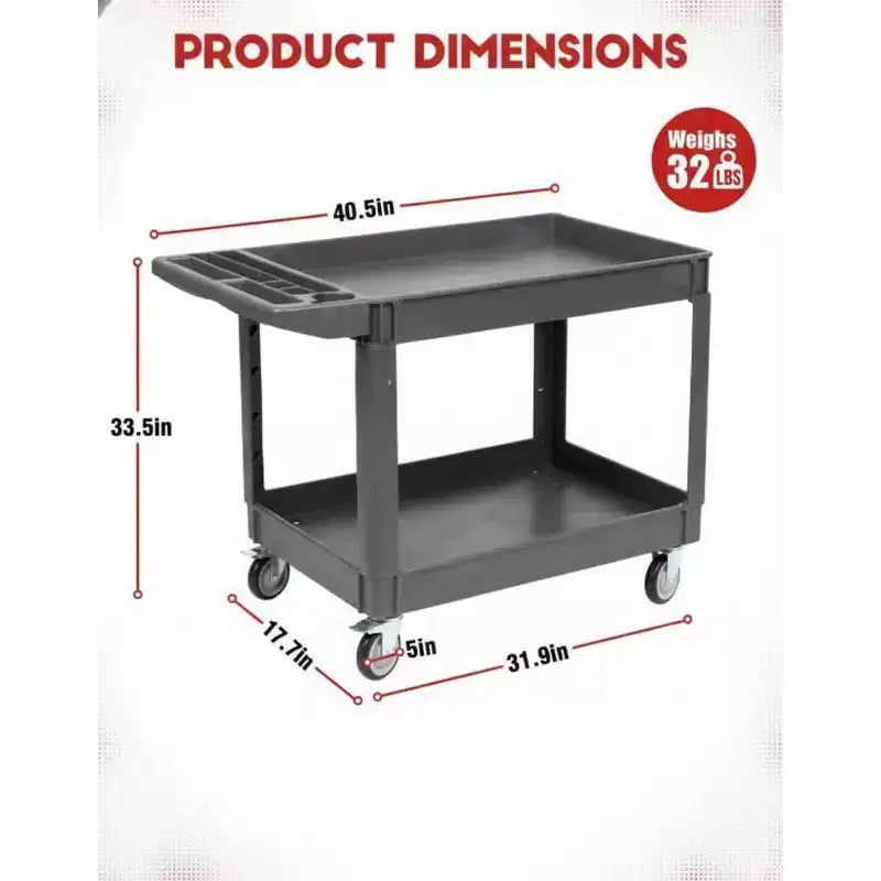 Chariot de service roulant à 2 niveaux avec roues, 101,6 x 43,2 cm, Chariot utilitaire en plastique de 250 kg, Établis pour garage, entrepôt, atelier